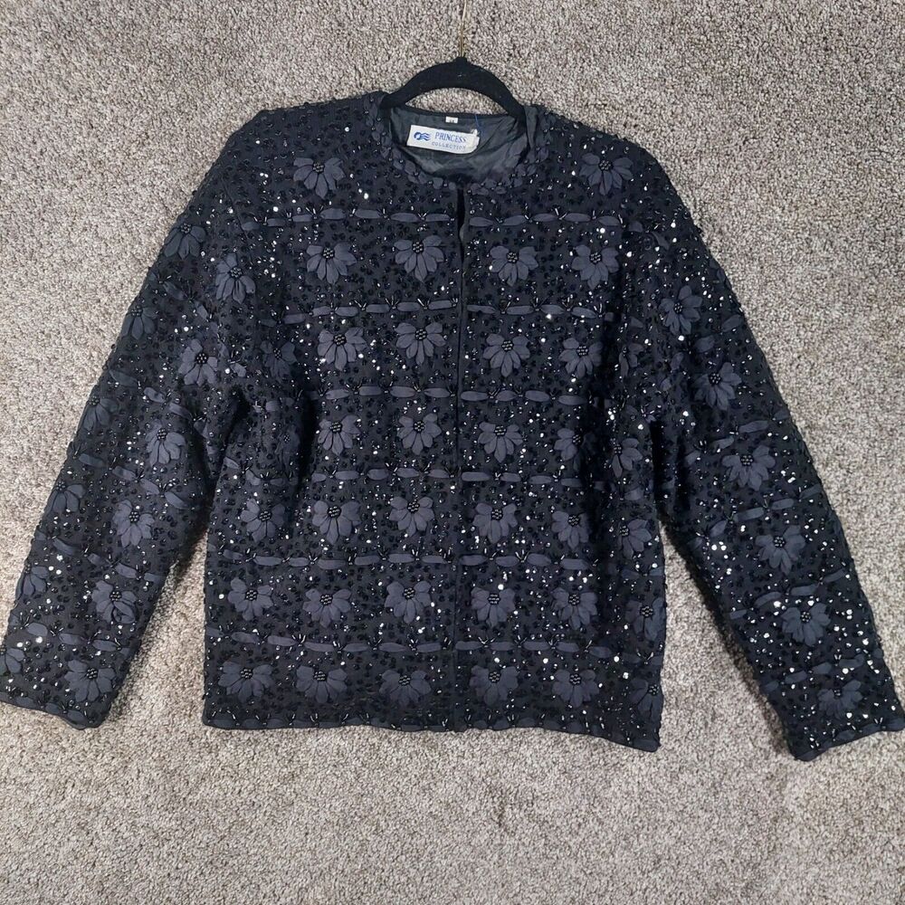 Princess Collection Cruise Black Floral Sequin Jacket Lambswool Angora Sz M/L 44